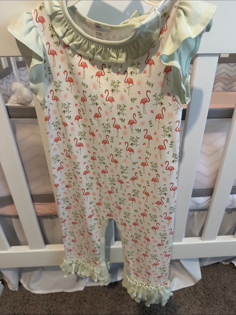 Baby Girls Flamingo Print One-Piece Romper - Mint Trim